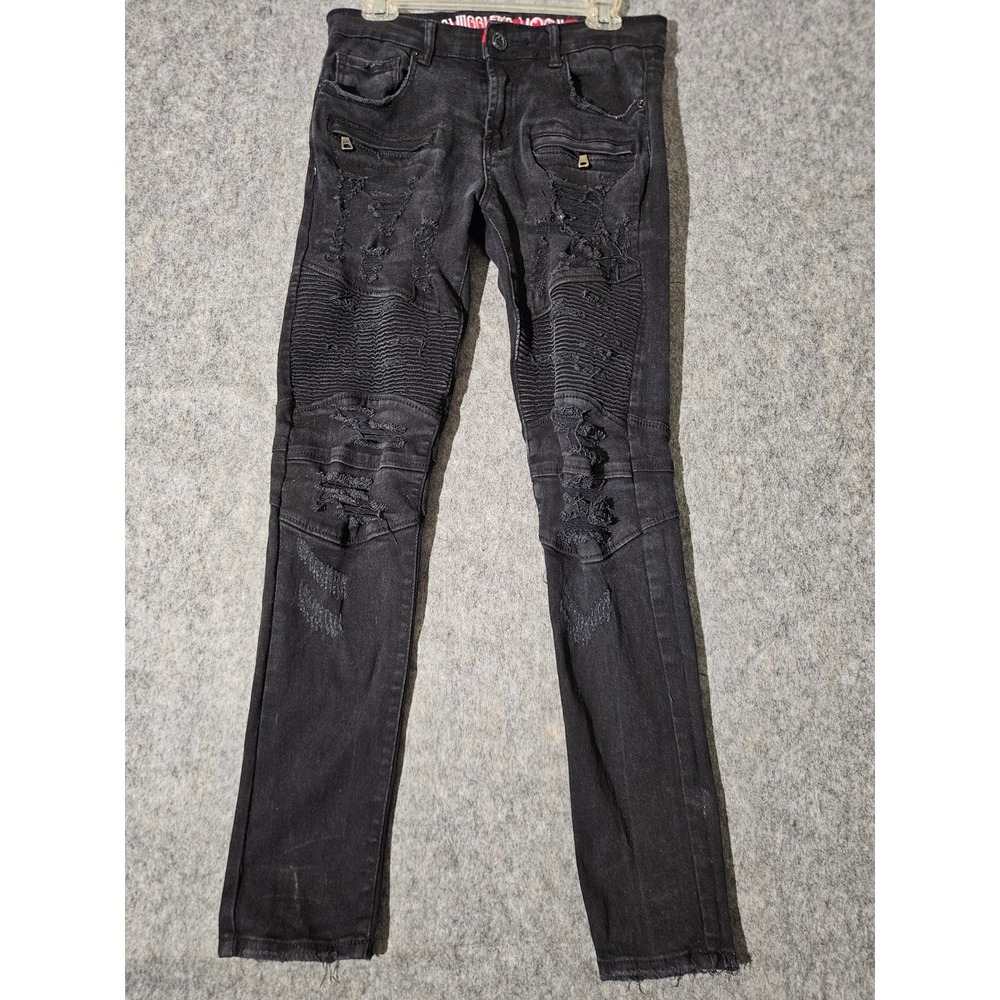 Smugglers Moon Moto Jeans Men 32x32 Black Distressed Slim Raw Hem